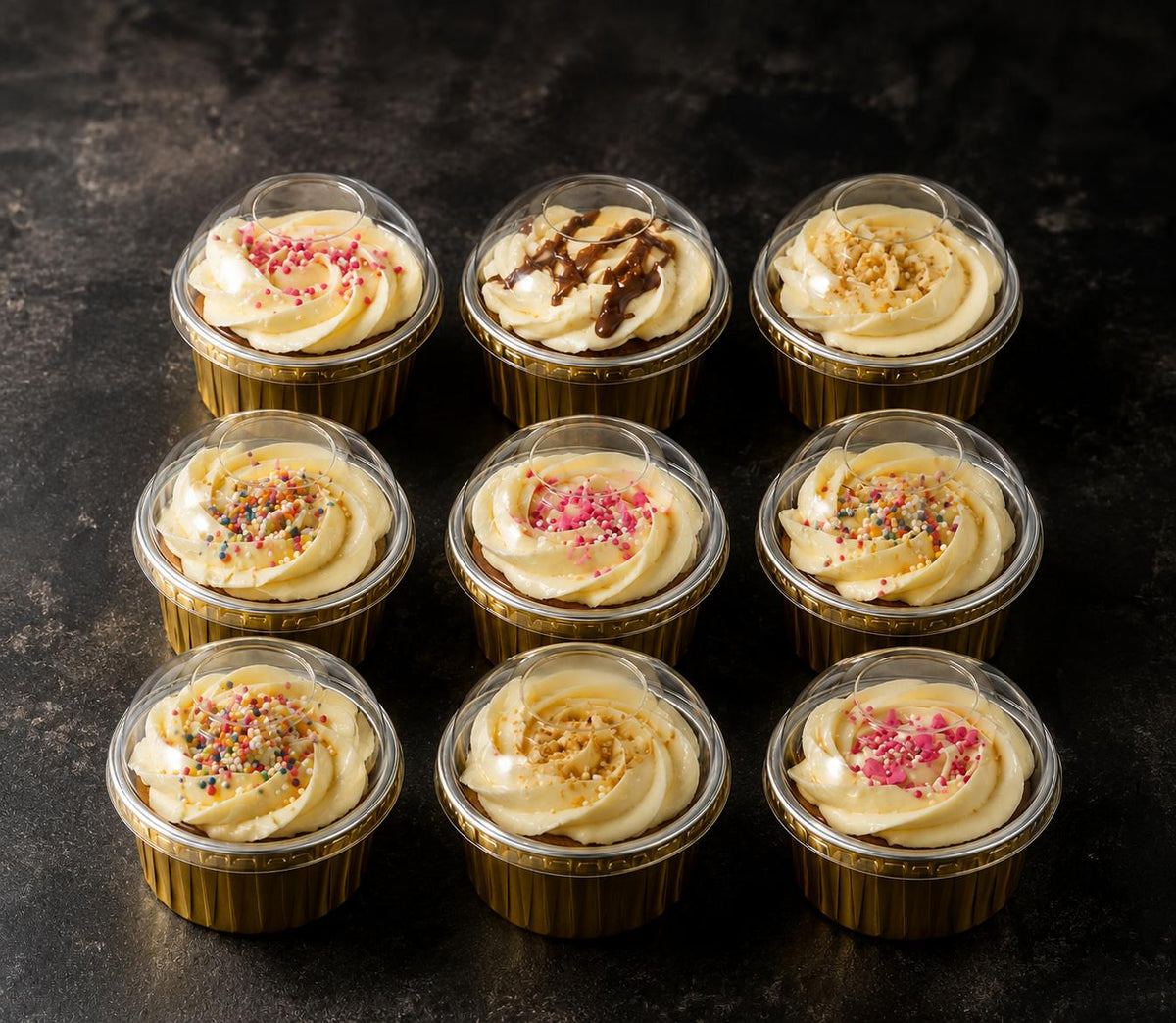 Premium Black and Gold Foil Containers with Clear Lid - 100 Pack