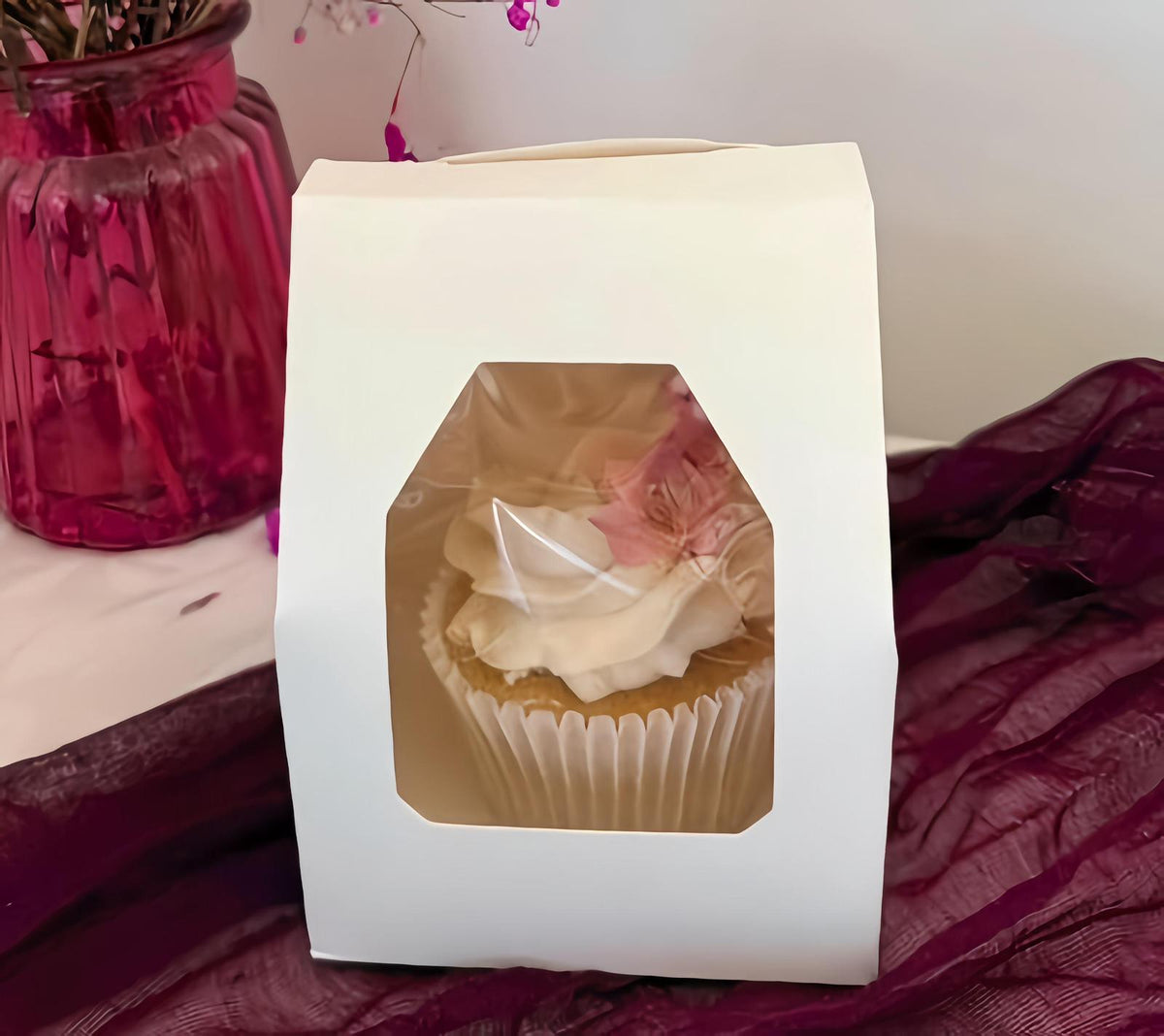 White Paper Cupcake Box With Insert & Window (1 Cupcake)