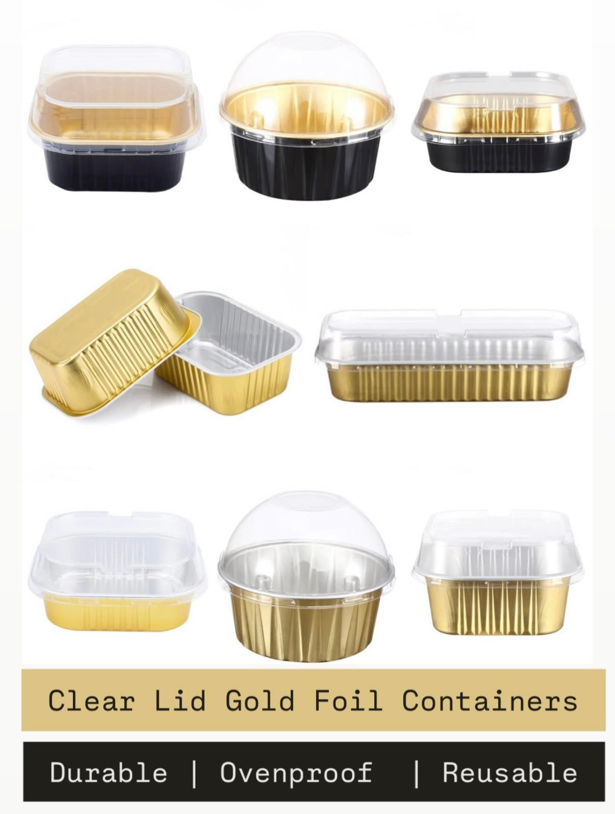 Premium Black and Gold Foil Containers with Clear Lid - 100 Pack